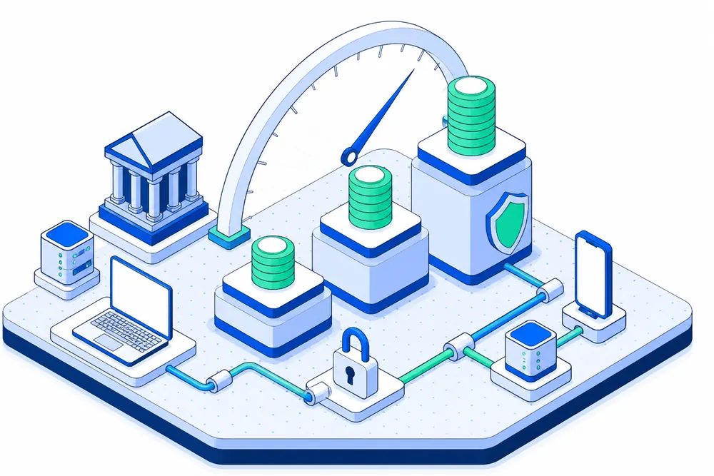 Isometric platforms holding coin stacks of increasing size beside a gauge
