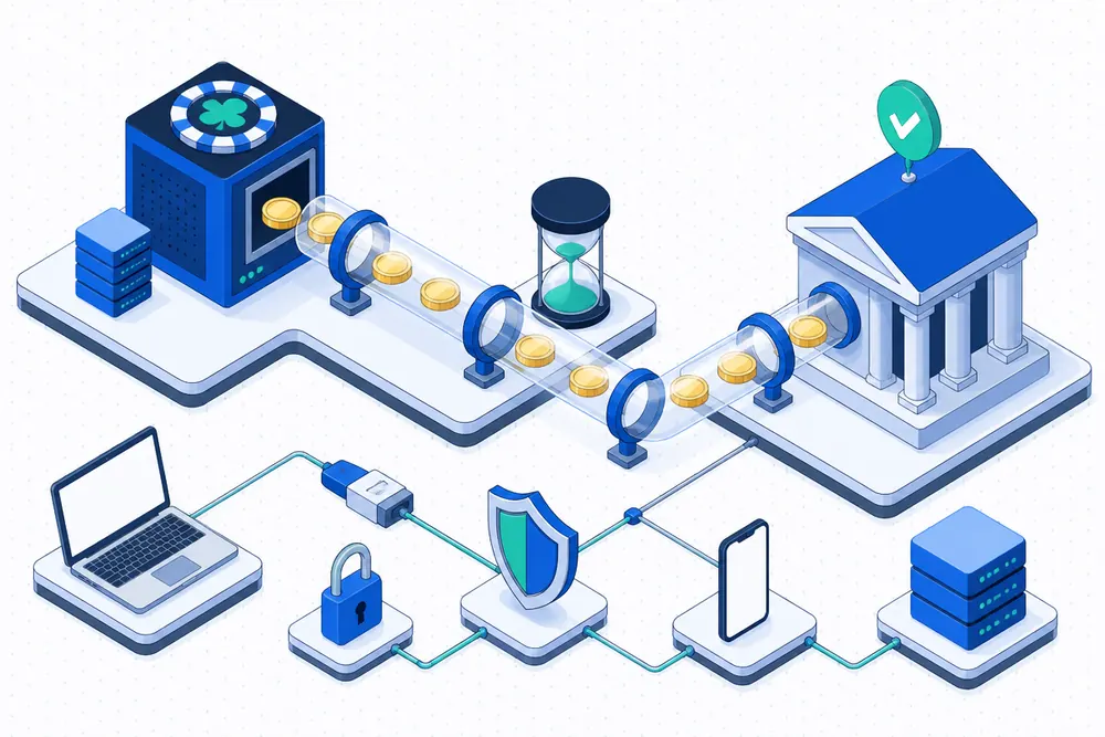 Coins travelling from a server cube through an hourglass into a bank building
